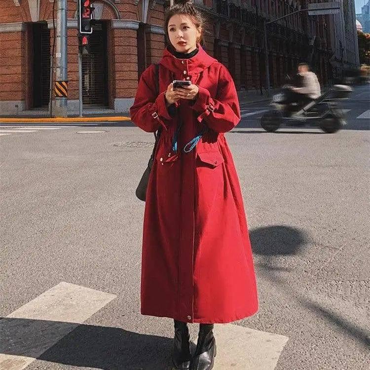 Winter Women's British Style Hooded Red Cotton Long Coat-2