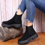 Women Ankle Boots Solid Color Chunky Boots Autumn Winter-Black-5