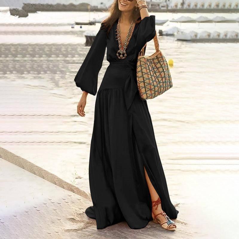 Women Bohemian Style Flare Sleeve Split Expansion Skirt-Black-2
