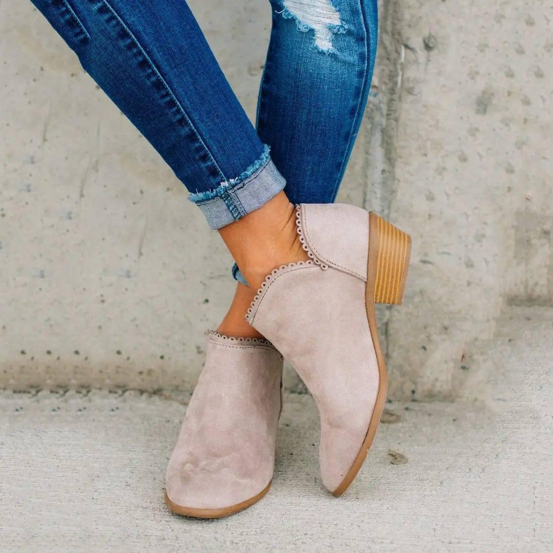 Women Booties Slip On Low Heel Ankle Boots-Pink-1