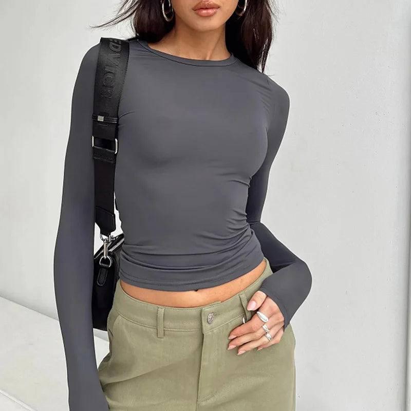Women Casual Long Sleeve T-Shirts Spring Autumn Solid Slim-GRAY-7