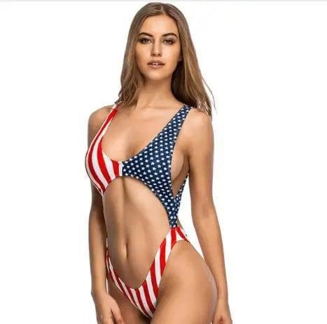 Women Cheeky Deep V Bikini bodysuit Sexy one piece swimsuit-Americanflag-4