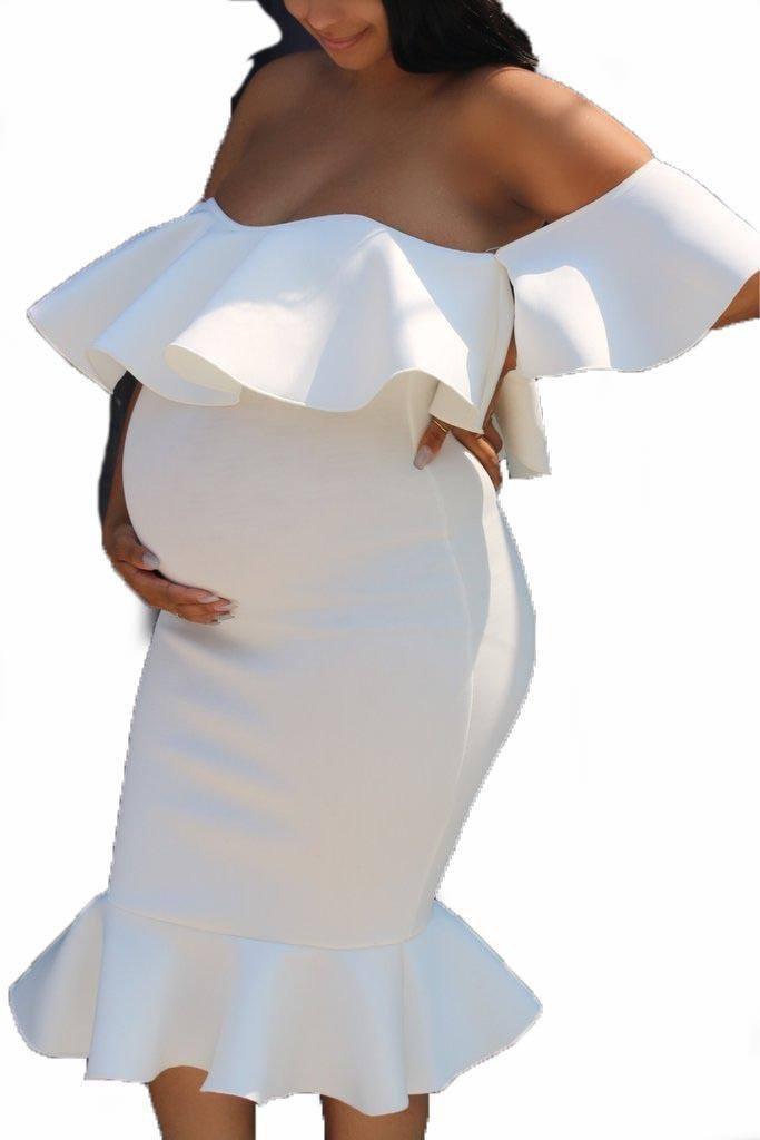 Women Elastic Pregnant Women Ruffles Dress-White-6