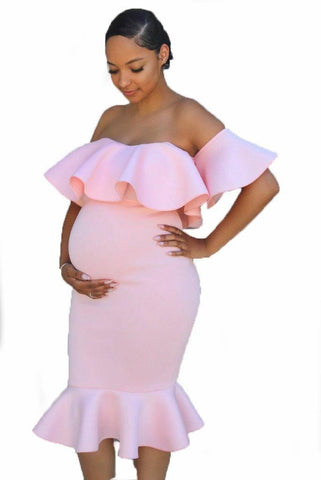 Women Elastic Pregnant Women Ruffles Dress-Pink-7