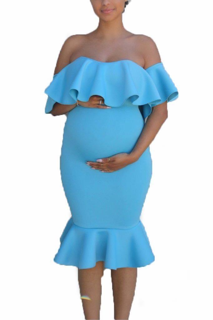 Women Elastic Pregnant Women Ruffles Dress-Light Blue-8