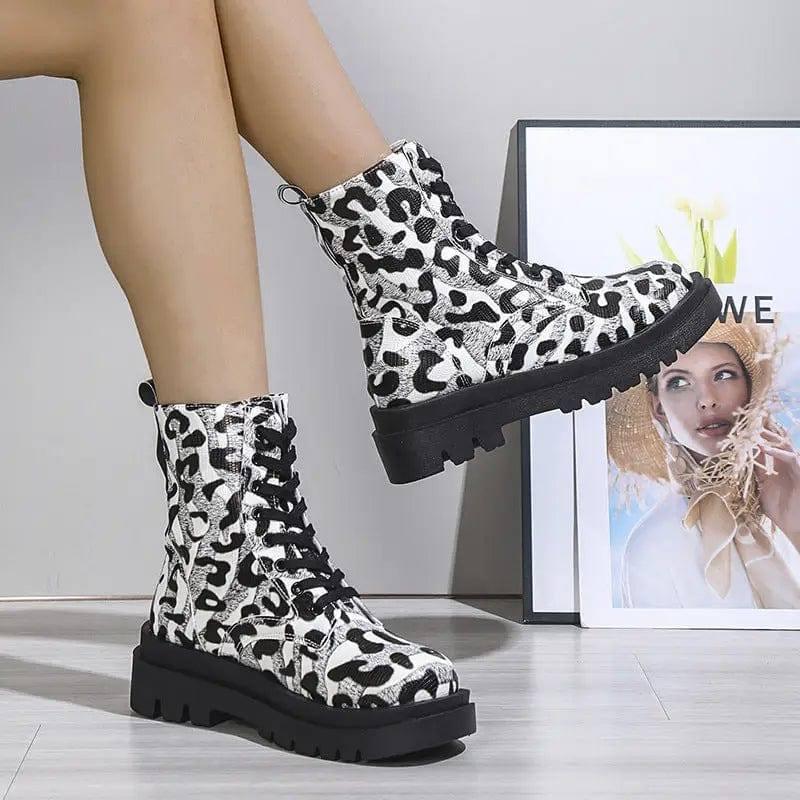 Women Martin Boots Black White Leopard Print Low Heel Shoes-Leopard black-1