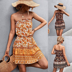 Women's Bohemian Floral Print Strapless Dress Summer Beach-1