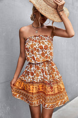 Women's Bohemian Floral Print Strapless Dress Summer Beach-Orange-3