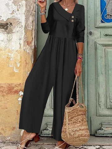 Women's Button Up Jumpsuit With Solid V-neck-Black-2