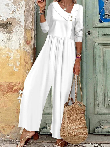 Women's Button Up Jumpsuit With Solid V-neck-White-3