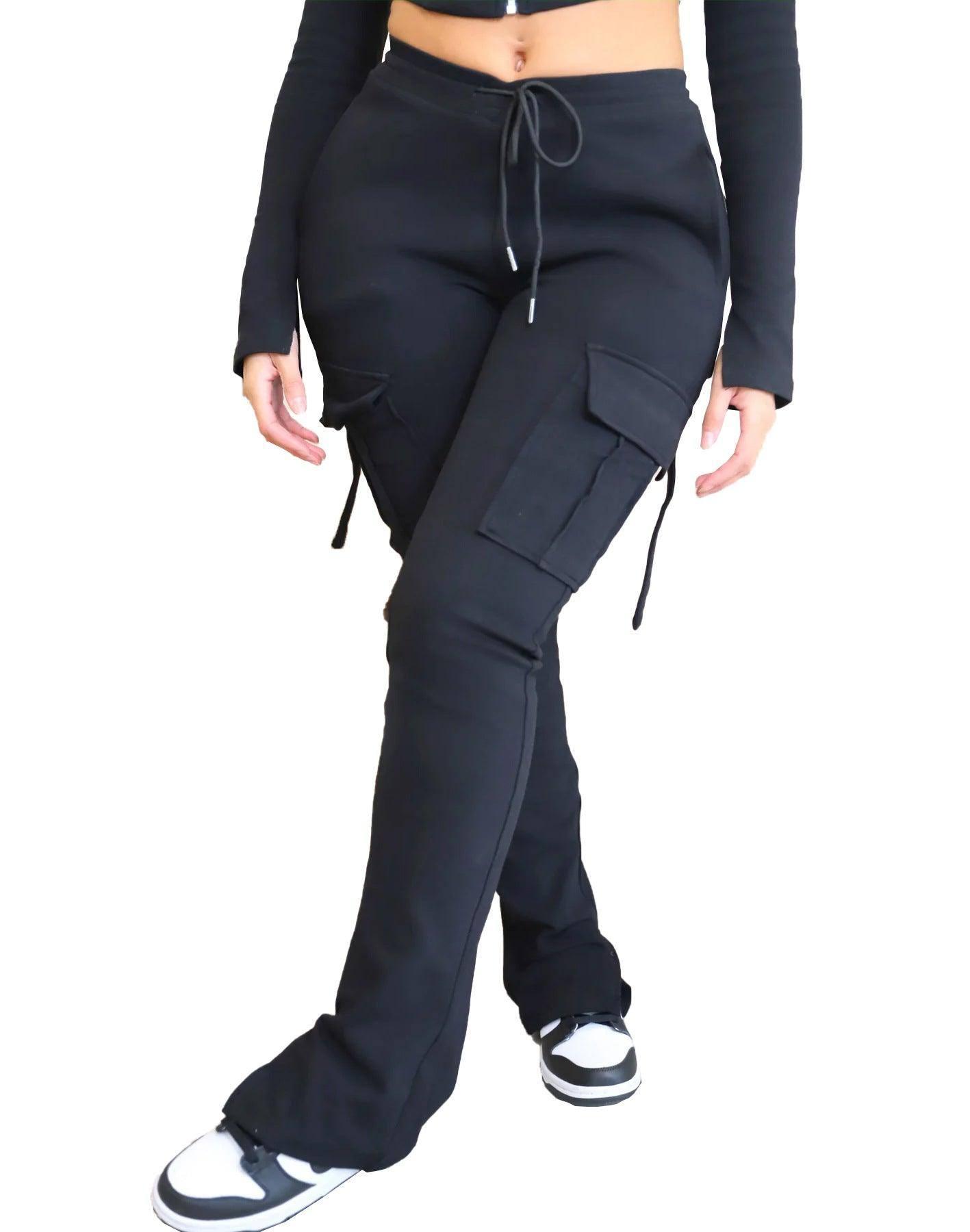 Women's Casual Tight Sportswear Multi-pocket Overalls With-Black pants-19