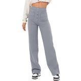 Women's Clothing High Waist Pocket Wide Leg Button Casual-Gray-3