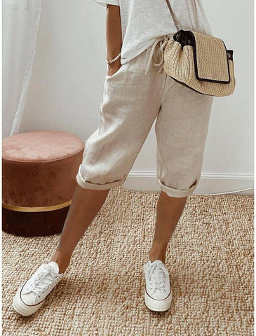 Women's Cotton And Linen Pocket Elasticated Slacks Women's-Khaki-3