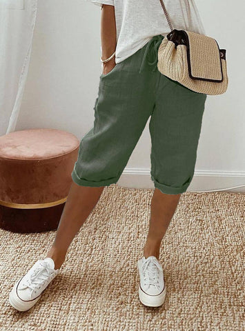 Women's Cotton And Linen Pocket Elasticated Slacks Women's-Army Green-6