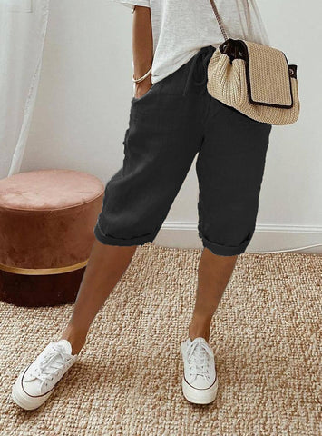 Women's Cotton And Linen Pocket Elasticated Slacks Women's-Black-7