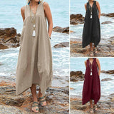 Women's Cotton And Linen V-neck Pocket Casual Dress Maxi Dresses LOVEMI    