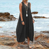 Women's Cotton And Linen V-neck Pocket Casual Dress Maxi Dresses LOVEMI  Black S 