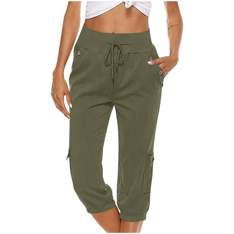 Women's Cropped Pants Cotton Linen Cargo Pocket Casual Pants-Army Green-4