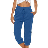 Women's Cropped Pants Cotton Linen Cargo Pocket Casual Pants ccargo LOVEMI  Sapphire Blue 3XL 