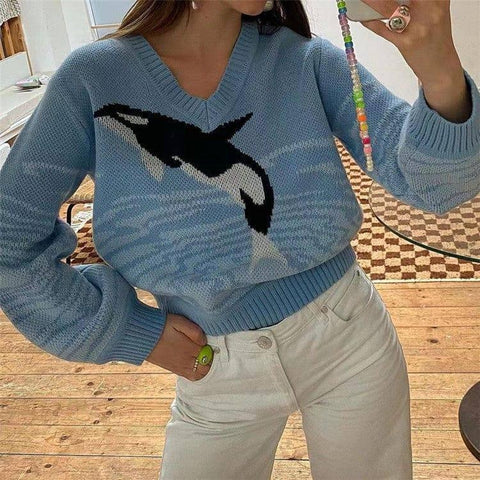 Women's Dolphin Printing Long Sleeve Loose Sweater-1