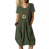 Women's Dress With Pockets Cotton Linen Solid Color Loose-Army green-3