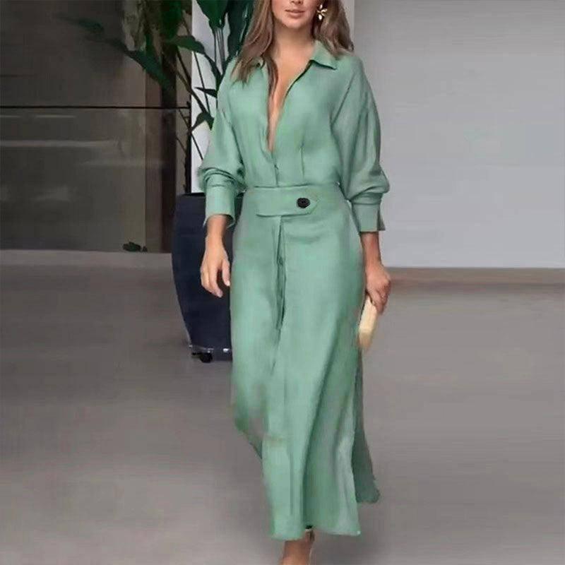 Women's Elegant Tied Solid Color Waisted Long-sleeved Shirt-Light Green-10