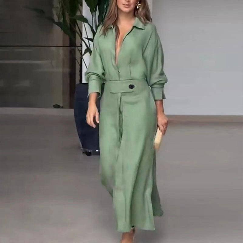 Women's Elegant Tied Solid Color Waisted Long-sleeved Shirt-Green-7
