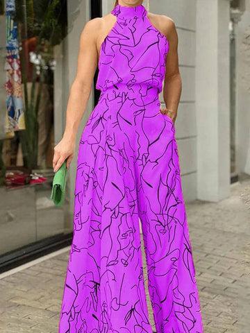 Women's Elegant Waist Halter Jumpsuit Casual Print Tie-Purple-7
