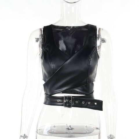 Women's Fashion All-matching Slim Fit Bottoming Top-Black Leather Vest-9