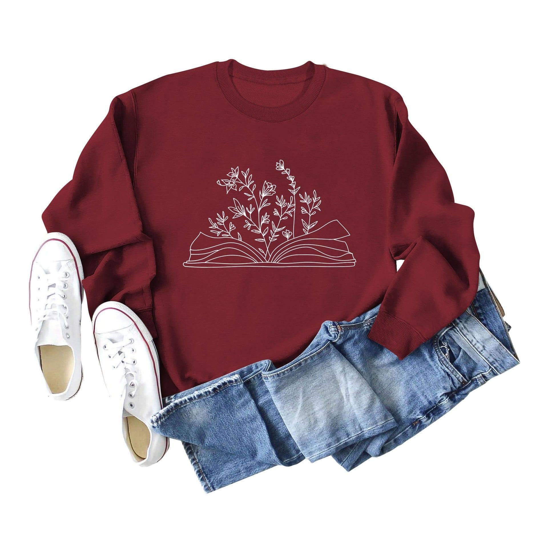Women's Fashion Casual Book Botanical Pattern Long Sleeve-Wine Red White Font-12