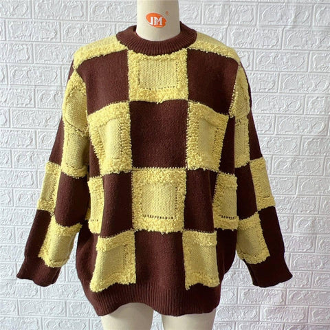 Women's Fashion Casual Chessboard Knitted Pullover Sweater-Yellow-10