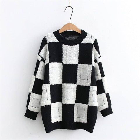 Women's Fashion Casual Chessboard Knitted Pullover Sweater-Black And White Grid-8