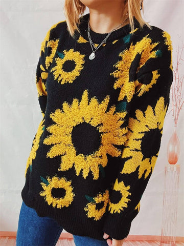 Women's Fashion Casual Sunflower Jacquard Round Neck Long-2