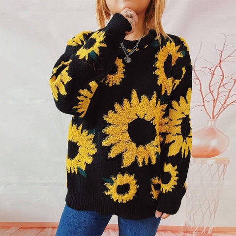 Women's Fashion Casual Sunflower Jacquard Round Neck Long-Black-6