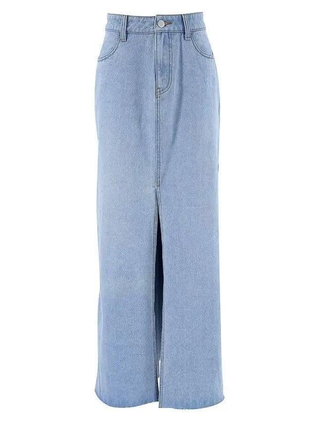 Women's Fashion Casual Washed Light Blue Denim Skirt-5