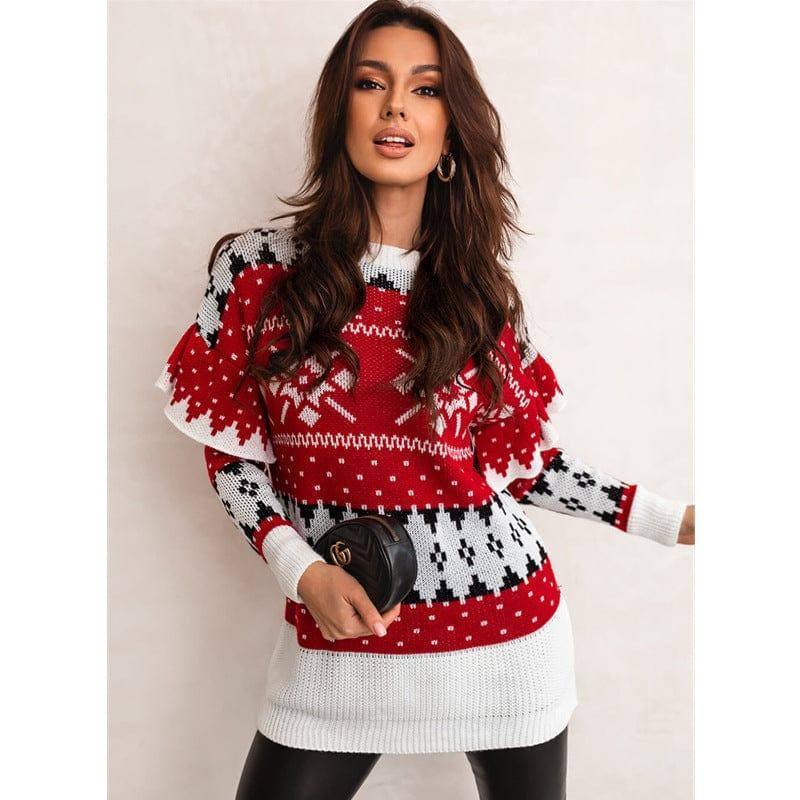 Women's Fashion Christmas Jacquard Loose Crew Neck Sweater-Red-6