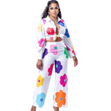 Women's Fashion Color Printed Shirt Suit Two-piece Set-White-6