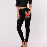 Women's Fashion Embroidery Ripped Black Denim Elastic Pants-1