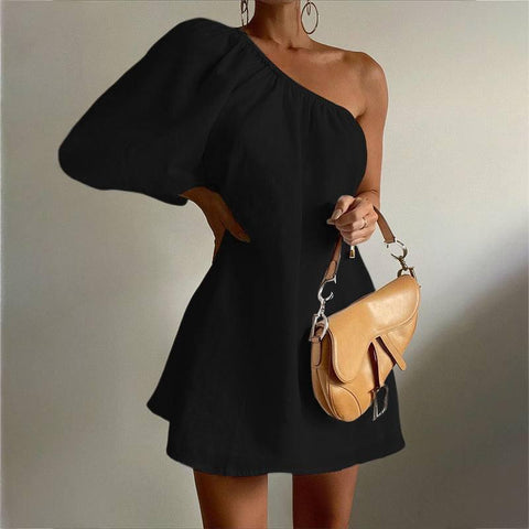 Women's Fashion Slant Shoulder Short Dress-4