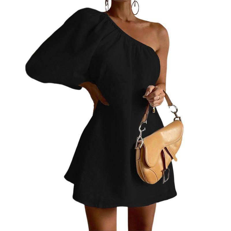 Women's Fashion Slant Shoulder Short Dress-5