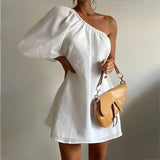 Women's Fashion Slant Shoulder Short Dress-White-7