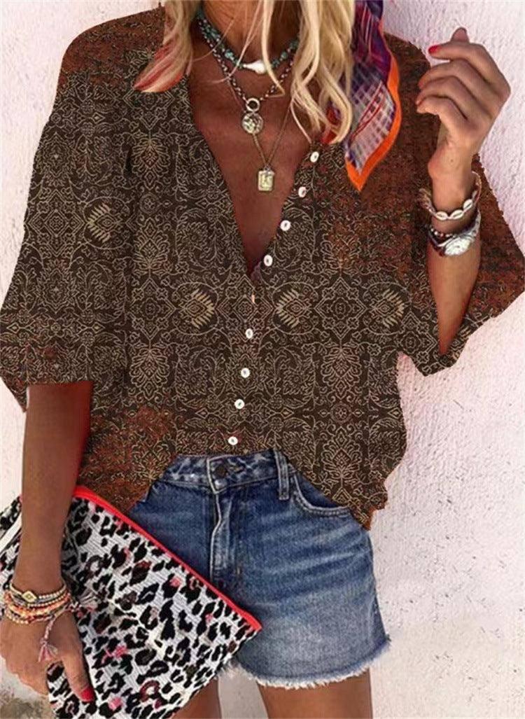 Women's Fashion Stand Collar Loose Button Vintage Printed-Figure 4-10