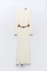 Women's Fashion Temperament Pure Color Midi Skirt Dress-Milky White-7