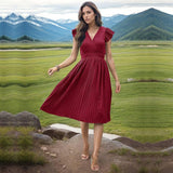 Women's Fashion V-neck High Waist Dress-Wine Red-10