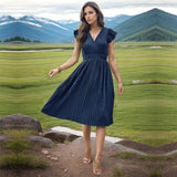 Women's Fashion V-neck High Waist Dress-Dark Blue-5