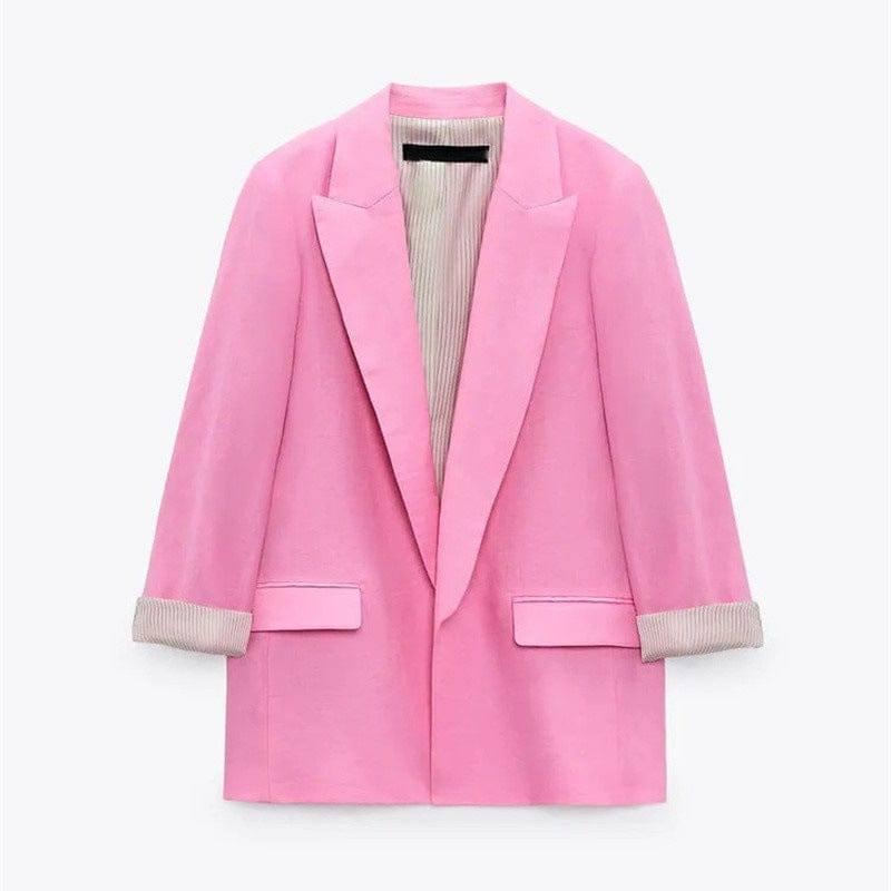 Women's Fashionable Curled Brim Cuff Polo Collar Top Blazer-Pink-9