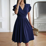 Women's Fashionable Temperament Elegant V-neck Midi Dress-Navy Blue-6