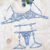 Women's Floral Lace Cutout Lover Lingerie Set-Blue-2