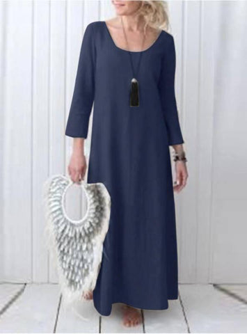 Women's Full-length Dress Cotton And Linen Dress-Blue-4