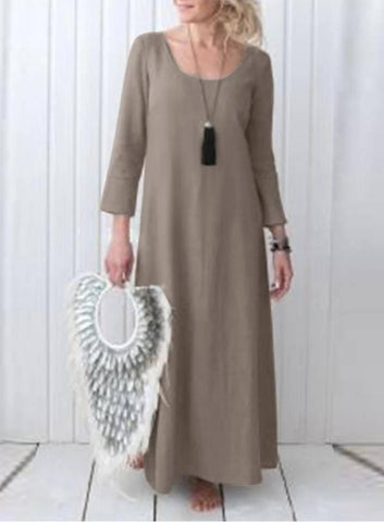 Women's Full-length Dress Cotton And Linen Dress-Dark Khaki Cloth-5